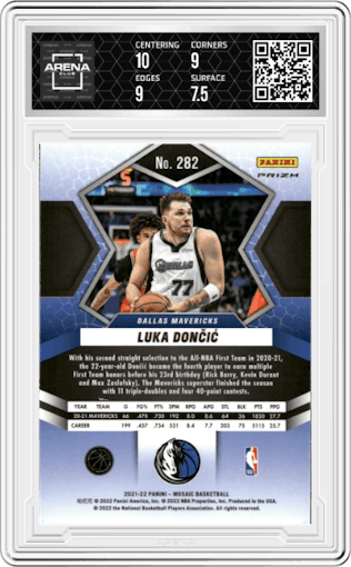 Luka Doncic from the 2021-22 Panini Mosaic  set featuring a Silver parallel graded by Arena Club and given an overall grade of 8.