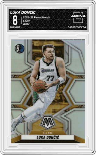 Luka Doncic from the 2021-22 Panini Mosaic  set featuring a Silver parallel graded by Arena Club and given an overall grade of 8.
