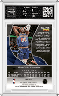 Jonathan Kuminga from the 2021-22 Panini Spectra set featuring a Asia parallel graded by Arena Club and given an overall grade of 9.