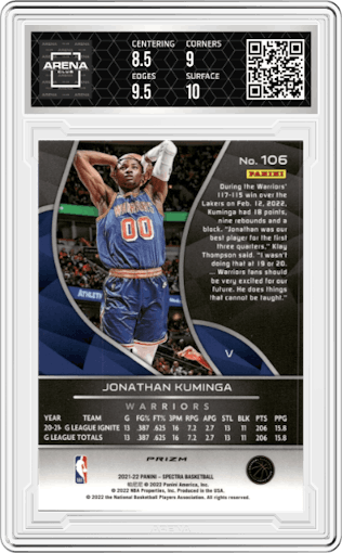 Jonathan Kuminga from the 2021-22 Panini Spectra set featuring a Asia parallel graded by Arena Club and given an overall grade of 9.