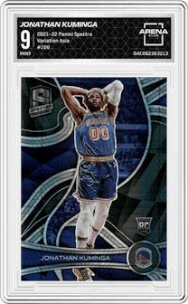 Jonathan Kuminga from the 2021-22 Panini Spectra set featuring a Asia parallel graded by Arena Club and given an overall grade of 9.