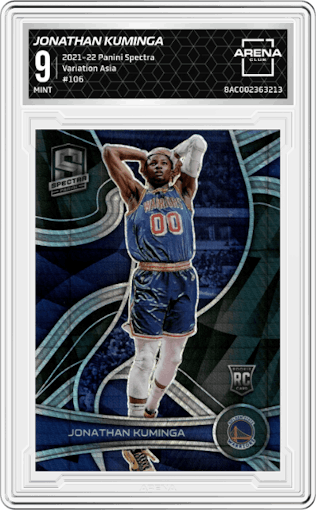 Jonathan Kuminga from the 2021-22 Panini Spectra set featuring a Asia parallel graded by Arena Club and given an overall grade of 9.