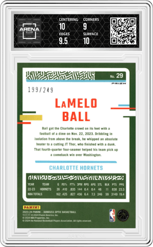 LaMelo Ball from the 2023-24 Donruss Optic set featuring a Aqua parallel graded by Arena Club and given an overall grade of 9.5.