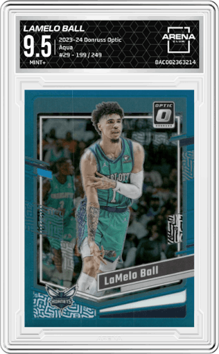 LaMelo Ball from the 2023-24 Donruss Optic set featuring a Aqua parallel graded by Arena Club and given an overall grade of 9.5.