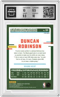  Duncan Robinson from the 2023-24 Donruss Optic set featuring a Choice Dragon parallel graded by Arena Club and given an overall grade of 10.