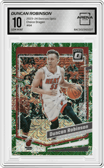  Duncan Robinson from the 2023-24 Donruss Optic set featuring a Choice Dragon parallel graded by Arena Club and given an overall grade of 10.