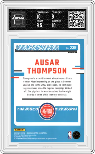 Ausar Thompson from the 2023-24 Donruss Optic set featuring a Hyper Pink parallel graded by Arena Club and given an overall grade of 9.5.