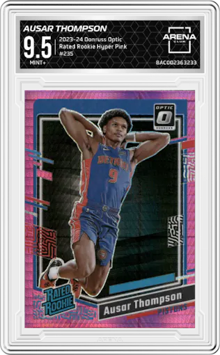 Ausar Thompson from the 2023-24 Donruss Optic set featuring a Hyper Pink parallel graded by Arena Club and given an overall grade of 9.5.