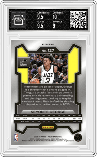 Keyonte George from the 2023-24 Panini Prizm set featuring a Ice Prizm parallel graded by Arena Club and given an overall grade of 9.5.