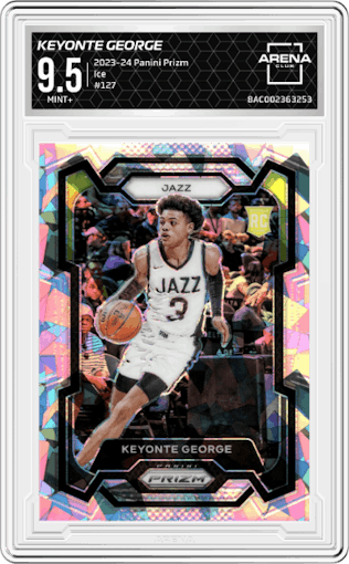 Keyonte George from the 2023-24 Panini Prizm set featuring a Ice Prizm parallel graded by Arena Club and given an overall grade of 9.5.