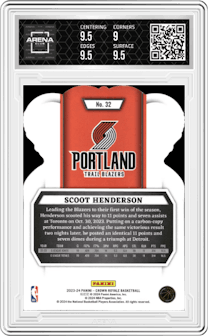 Scoot Henderson from the 2023-24 Panini Crown Royale  set featuring a Crystal parallel graded by Arena Club and given an overall grade of 9.5.