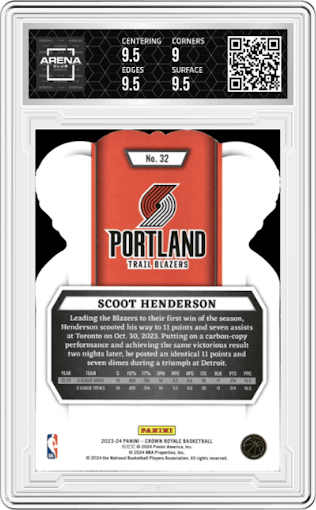 Scoot Henderson from the 2023-24 Panini Crown Royale  set featuring a Crystal parallel graded by Arena Club and given an overall grade of 9.5.