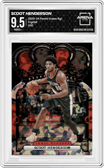 Scoot Henderson from the 2023-24 Panini Crown Royale  set featuring a Crystal parallel graded by Arena Club and given an overall grade of 9.5.