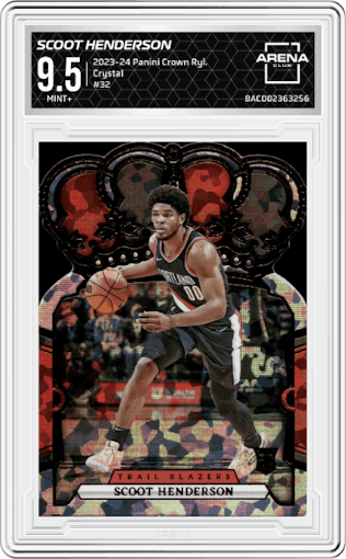 Scoot Henderson from the 2023-24 Panini Crown Royale  set featuring a Crystal parallel graded by Arena Club and given an overall grade of 9.5.