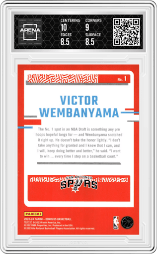 Victor Wembanyama from the 2023-24 Panini Donruss set graded by Arena Club and given an overall grade of 9.