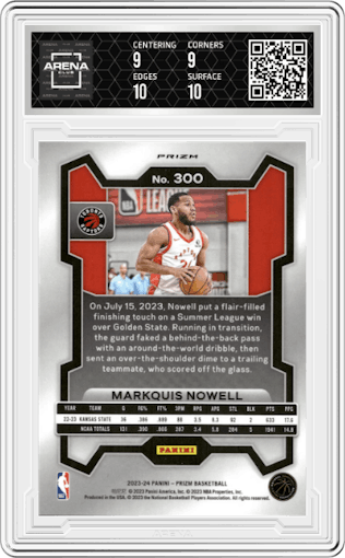 Markquis Nowell from the 2023-24 Panini Prizm set featuring a Snakeskin parallel graded by Arena Club and given an overall grade of 9.5.