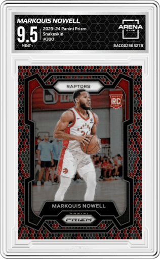 Markquis Nowell from the 2023-24 Panini Prizm set featuring a Snakeskin parallel graded by Arena Club and given an overall grade of 9.5.
