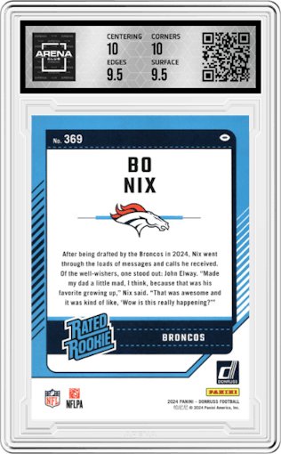 Bo Nix from the 2024 Donruss set graded by Arena Club and given an overall grade of 10.