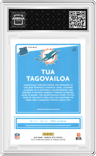 Tua Tagovailoa from the 2020 Panini Donruss Optic set featuring a Holo parallel graded by Arena Club.