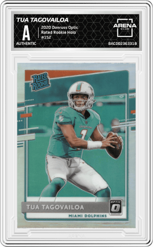 Tua Tagovailoa from the 2020 Panini Donruss Optic set featuring a Holo parallel graded by Arena Club.