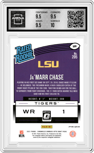 Ja'Marr Chase from the 2021 Panini Chronicles Draft Picks set featuring a Orange parallel graded by Arena Club and given an overall grade of 10.