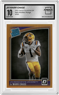 Ja'Marr Chase from the 2021 Panini Chronicles Draft Picks set featuring a Orange parallel graded by Arena Club and given an overall grade of 10.