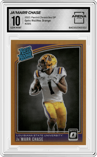 Ja'Marr Chase from the 2021 Panini Chronicles Draft Picks set featuring a Orange parallel graded by Arena Club and given an overall grade of 10.