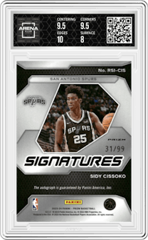 Sidy Cissoko from the 2023-24 Panini Prizm set featuring a Red parallel graded by Arena Club and given an overall grade of 8.5.