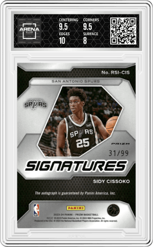 Sidy Cissoko from the 2023-24 Panini Prizm set featuring a Red parallel graded by Arena Club and given an overall grade of 8.5.