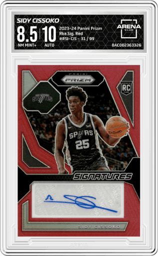 Sidy Cissoko from the 2023-24 Panini Prizm set featuring a Red parallel graded by Arena Club and given an overall grade of 8.5.