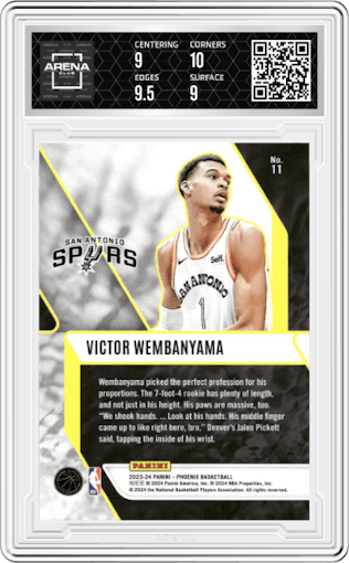 Victor Wembanyama from the 2023-24 Panini Phoenix set graded by Arena Club and given an overall grade of 9.5.