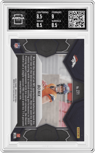 Bo Nix from the 2024 Panini Mosaic set graded by Arena Club and given an overall grade of 8.5.