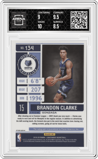 Brandon Clarke from the 2019-20 Panini Contenders set featuring a Premium Edition parallel graded by Arena Club and given an overall grade of 9.