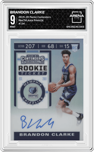 Brandon Clarke from the 2019-20 Panini Contenders set featuring a Premium Edition parallel graded by Arena Club and given an overall grade of 9.