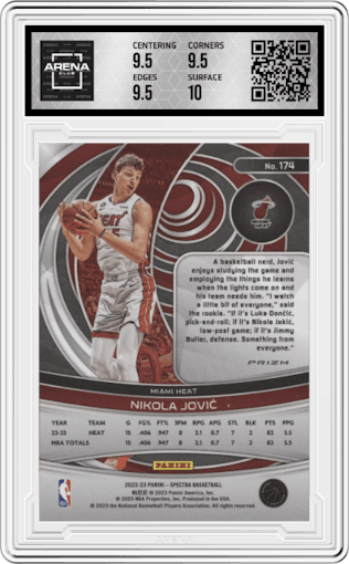 Nikola Jovic from the 2022-23 Panini Spectra set featuring a Asia parallel graded by Arena Club and given an overall grade of 10.