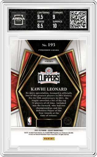 Kawhi Leonard  from the 2021-22 Panini Select set featuring a Gold Wave parallel graded by Arena Club and given an overall grade of 9.