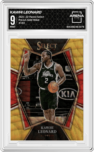 Kawhi Leonard  from the 2021-22 Panini Select set featuring a Gold Wave parallel graded by Arena Club and given an overall grade of 9.