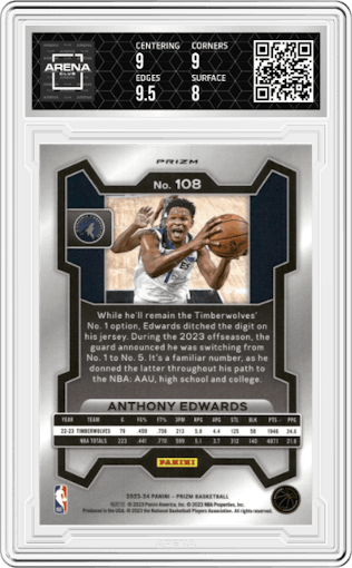 Anthony Edwards from the 2023-24 Panini Prizm set featuring a Ice Prizm parallel graded by Arena Club and given an overall grade of 8.5.