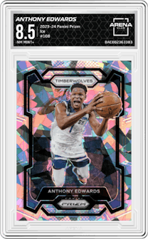 Anthony Edwards from the 2023-24 Panini Prizm set featuring a Ice Prizm parallel graded by Arena Club and given an overall grade of 8.5.