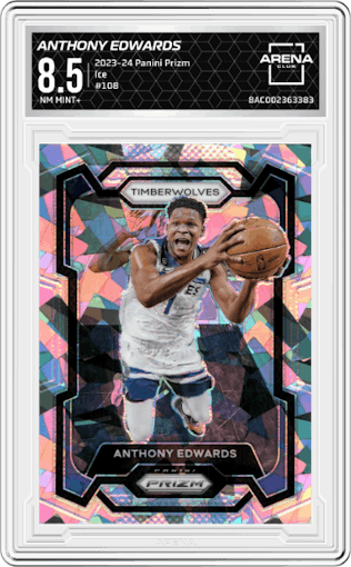 Anthony Edwards from the 2023-24 Panini Prizm set featuring a Ice Prizm parallel graded by Arena Club and given an overall grade of 8.5.