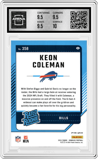 Keon Coleman  from the 2024 Donruss set featuring a Red Pandora parallel graded by Arena Club and given an overall grade of 10.