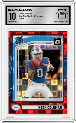 Keon Coleman  from the 2024 Donruss set featuring a Red Pandora parallel graded by Arena Club and given an overall grade of 10.