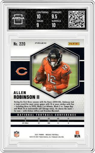 Allen Robinson II from the 2021 Panini Mosaic set featuring a Genesis parallel graded by Arena Club and given an overall grade of 9.5.