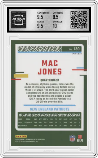 Mac Jones from the 2023 Donruss Optic set featuring a Fire parallel graded by Arena Club and given an overall grade of 10.