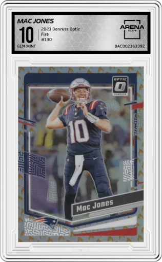 Mac Jones from the 2023 Donruss Optic set featuring a Fire parallel graded by Arena Club and given an overall grade of 10.