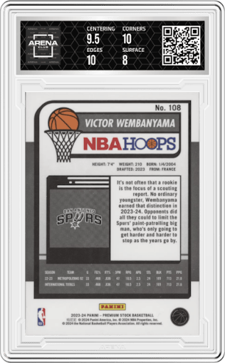 Victor Wembanyama from the 2023-24 Panini Hoops Premium Stock set graded by Arena Club and given an overall grade of 8.5.