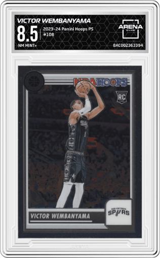 Victor Wembanyama from the 2023-24 Panini Hoops Premium Stock set graded by Arena Club and given an overall grade of 8.5.