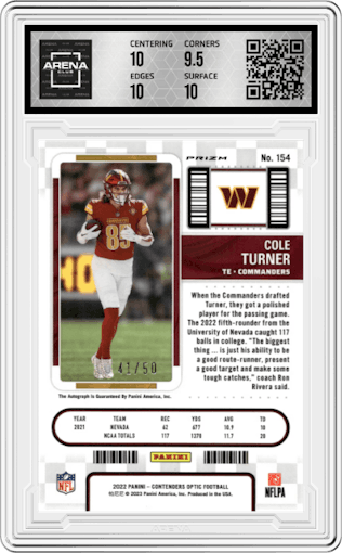 Cole Turner from the 2022 Panini Contenders Optic set featuring a Orange  parallel graded by Arena Club and given an overall grade of 10.