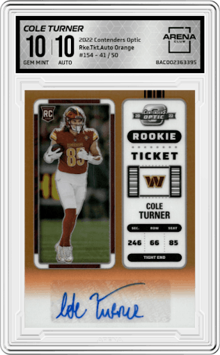 Cole Turner from the 2022 Panini Contenders Optic set featuring a Orange  parallel graded by Arena Club and given an overall grade of 10.