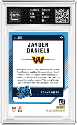 Jayden Daniels from the 2024 Donruss set graded by Arena Club and given an overall grade of 9.5.